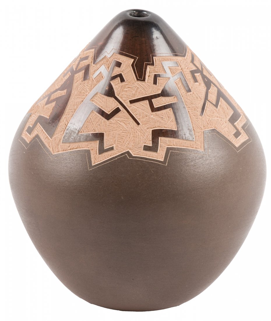Kokopelli vase by Jody Naranjo Santa Clara Pueblo: Heading: (Santa Clara) Author: Naranjo, Jody Title: Small vase with Kokopelli design Place Published: New Mexico Publisher:Santa Clara Pueblo Date Published: 1990 Description:
