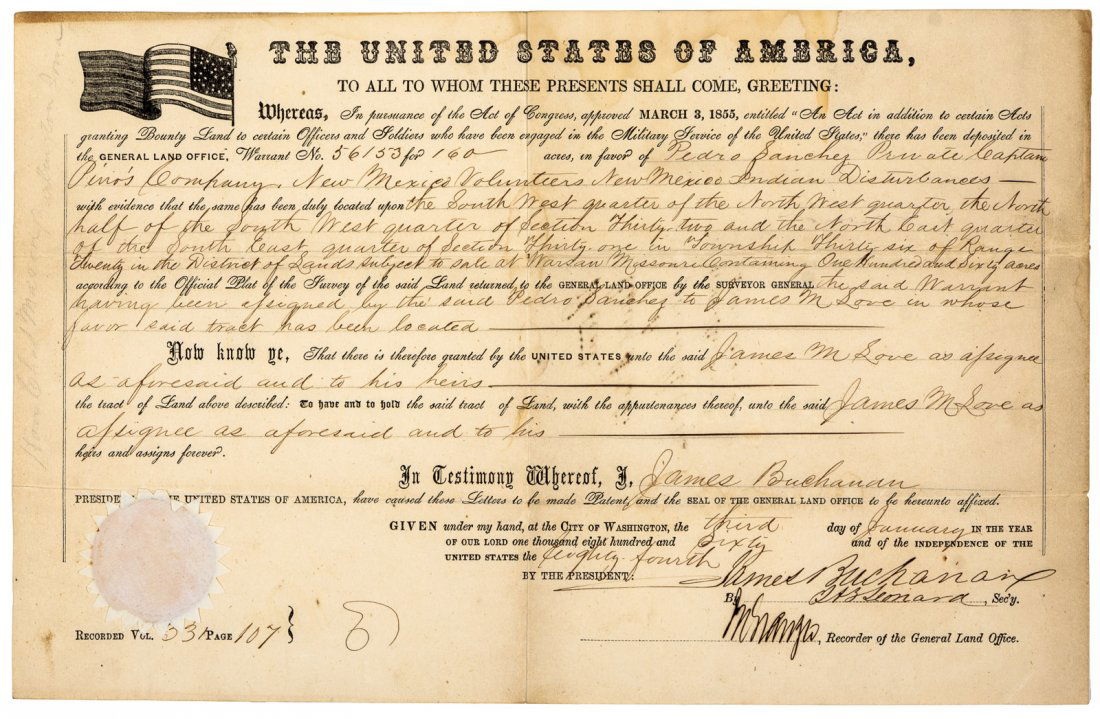 1860 land grant to Hispanic officer of Kit Carson's New (1 of 1)
