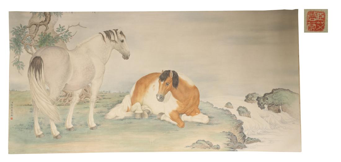 Ink and colour on paper, horses; signed: Ai Qing Meng (1 of 10)