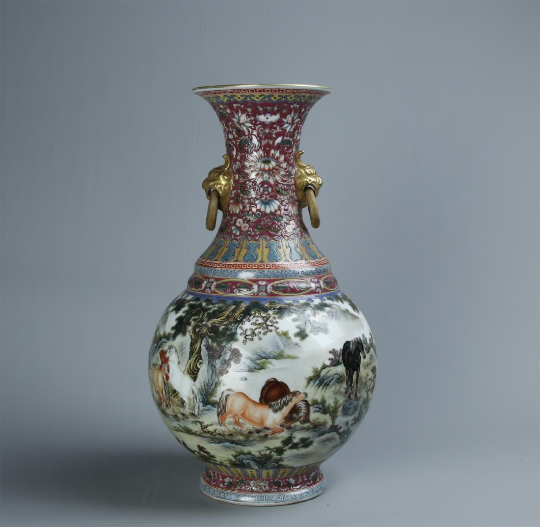 A enamel painted bottle vase horses (1 of 9)