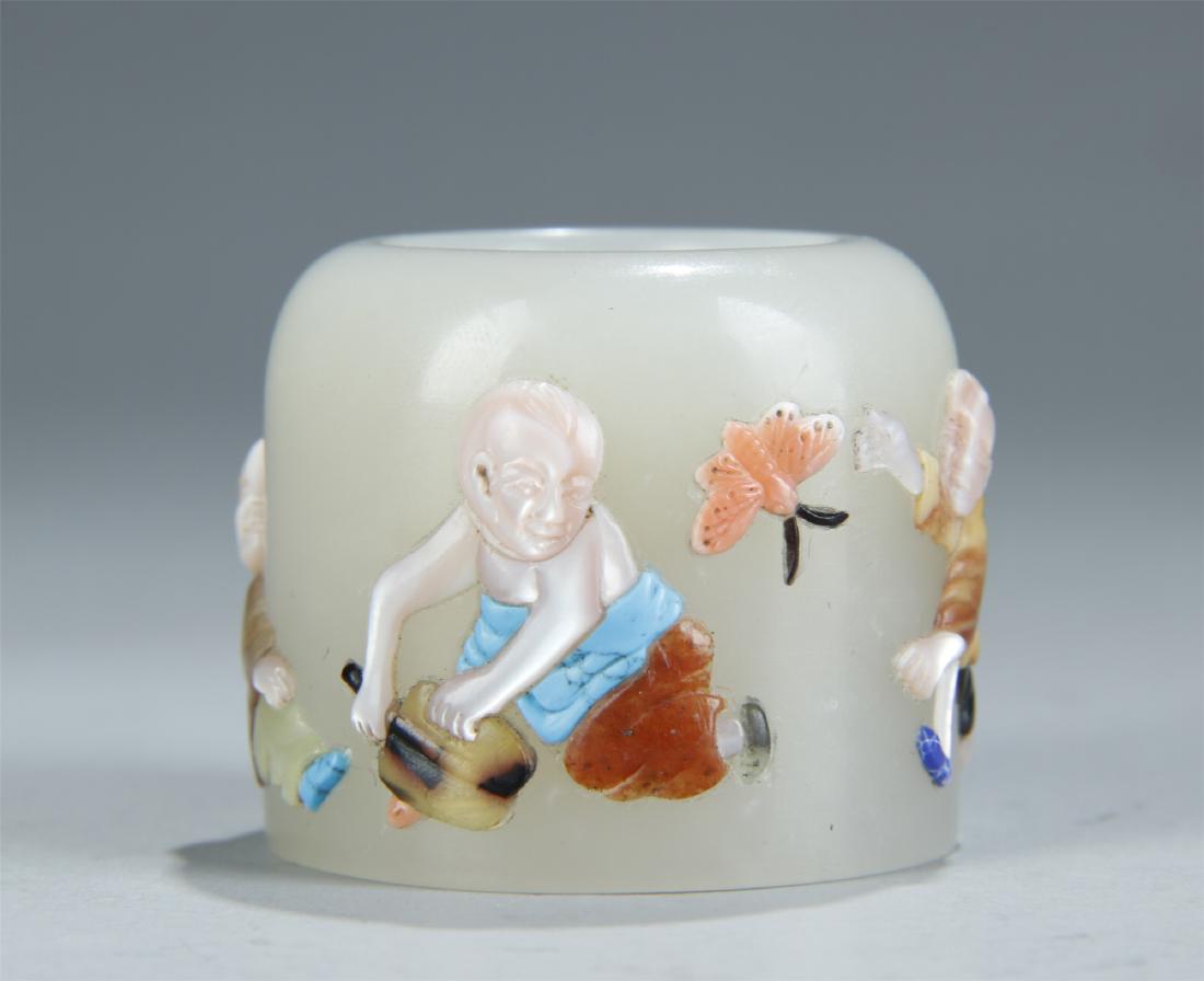 A lovely gem stones inlaid white jade archer's ring (1 of 8)