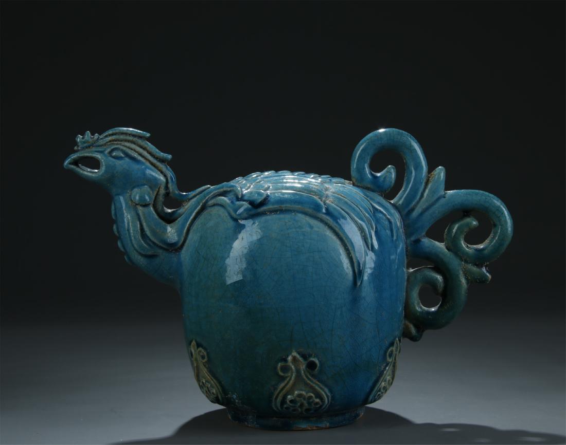 A rare blue glazed cagogan ewer; probably Ming dynasty (1 of 8)