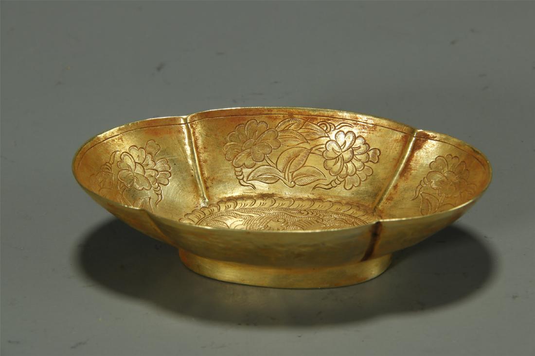 Antique gilt silver engraved cup plate; Tang style (1 of 6)