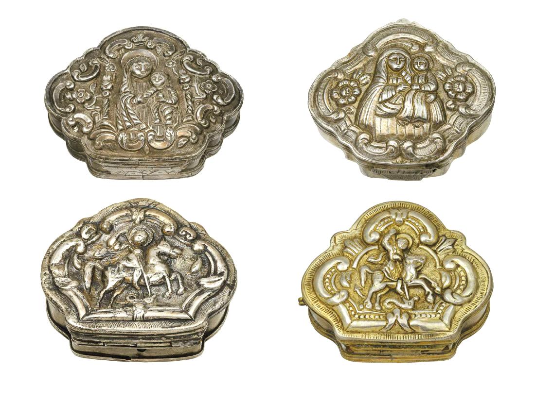 Four silver snuff boxes (tobacco boxes) with religious: Four silver snuff boxes (tobacco boxes) (one of them silver-gilt) with religious themes (19th century) various sizes