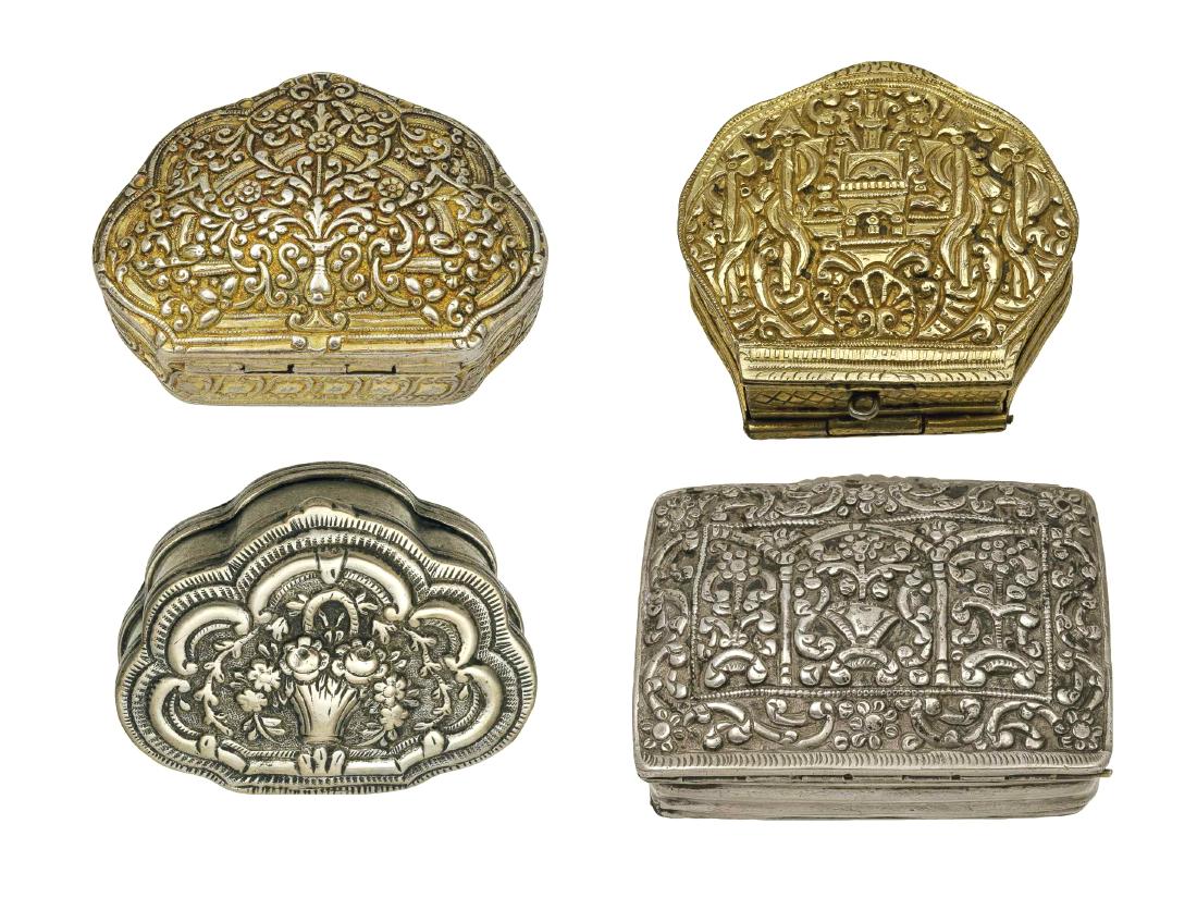 Four silver snuff boxes (tobacco boxes) with floral: Four silver snuff boxes (tobacco boxes) (two of them silver-gilt) with floral decorations (19th century) various sizes