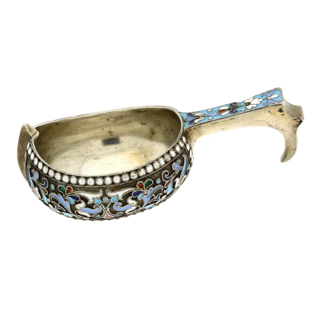 AN ANTIQUE IMPERIAL RUSSIAN ENAMELED SILVER KOVSH of (1 of 2)