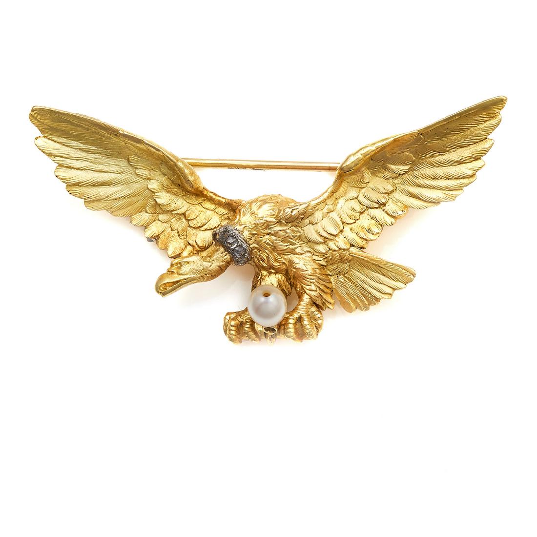 A PEARL AND DIAMOND EAGLE BROOCH in 18ct yellow gold, (1 of 1)