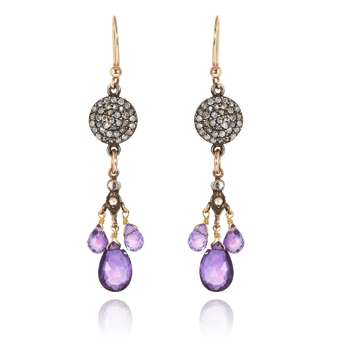 A PAIR OF AMETHYST AND DIAMOND DROP EARRINGS each (1 of 1)