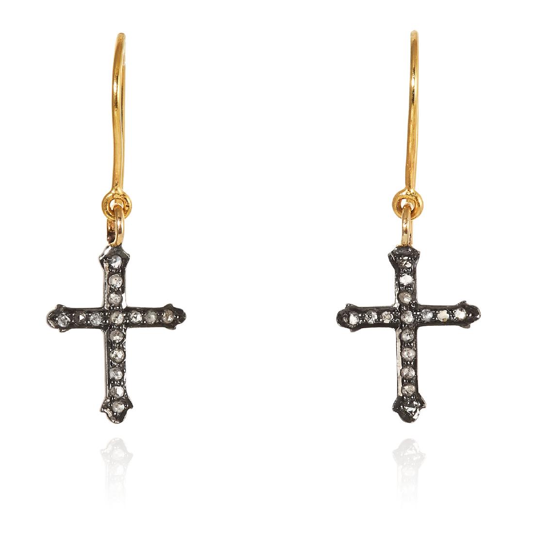 A PAIR OF DIAMOND CROSS EARRINGS in gold, the cross: A PAIR OF DIAMOND CROSS EARRINGS in gold, the cross motif jewelled with diamonds, unmarked, 3.4cm, 1.65g.