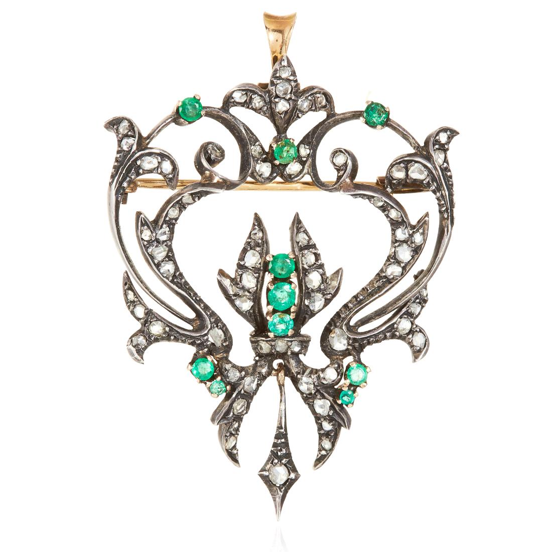 AN ANTIQUE EMERALD AND DIAMOND BROOCH in yellow gold (1 of 1)