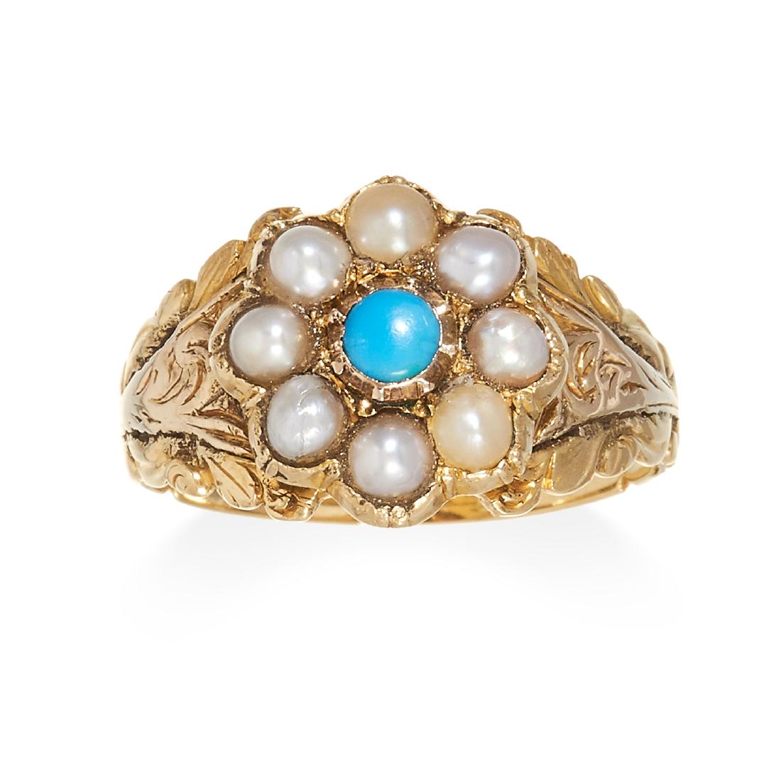 A TURQUOISE AND PEARL MOURNING RING, 19TH CENTURY in (1 of 1)