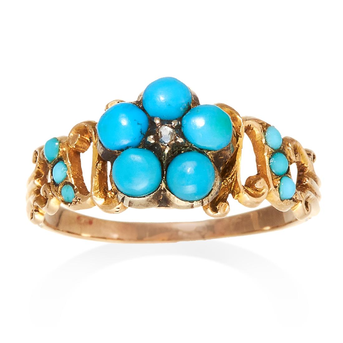 AN ANTIQUE TURQUOISE AND DIAMOND FORGET-ME-NOT RING, (1 of 1)