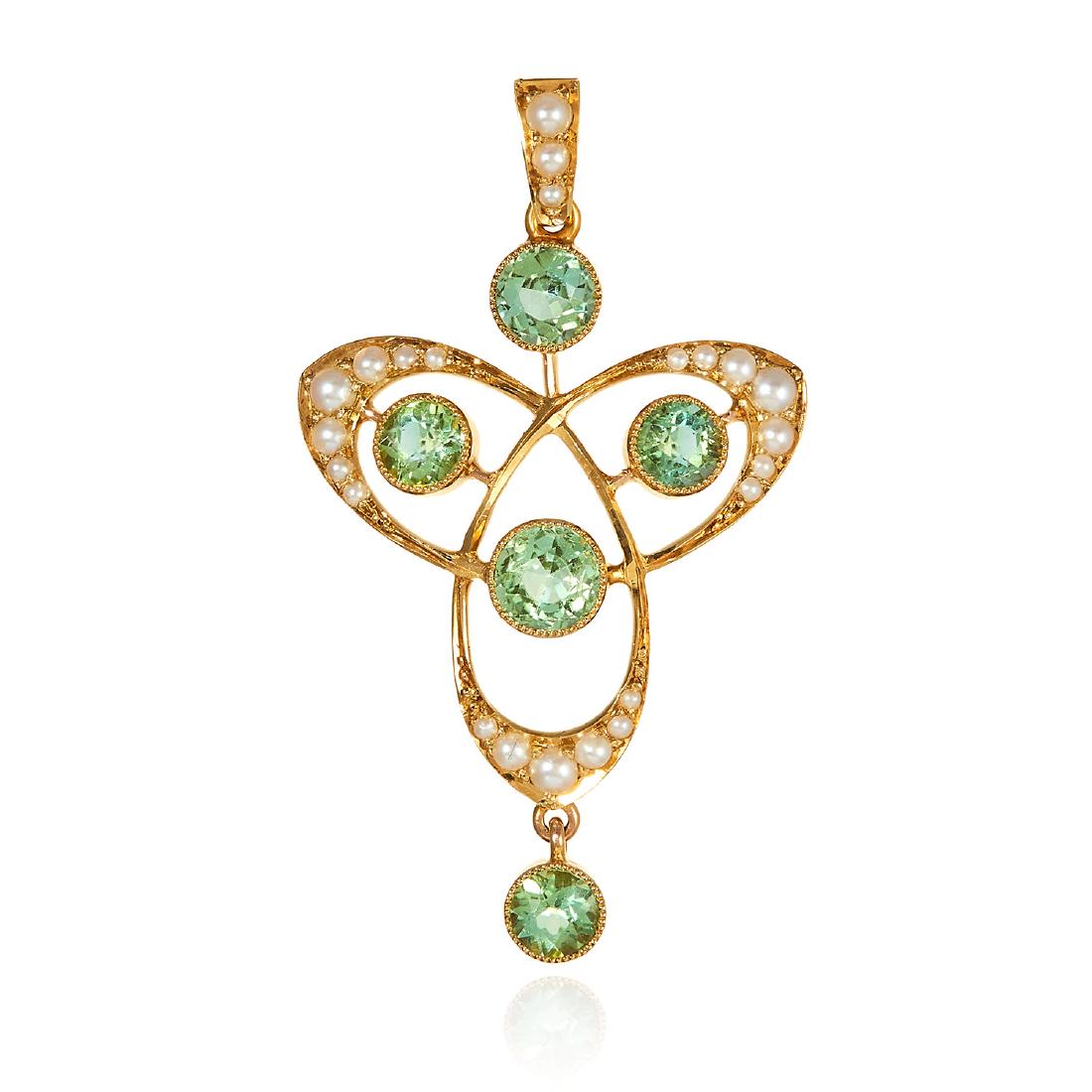 AN ART NOUVEAU PERIDOT AND PEARL PENDANT in yellow (1 of 1)