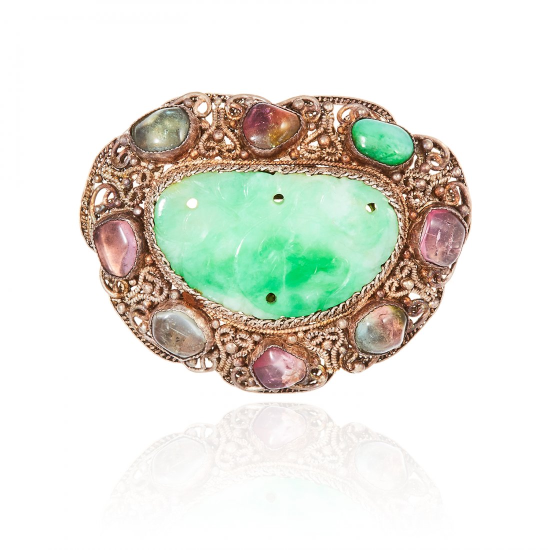 AN ANTIQUE JADEITE JADE BROOCH in silver, the carved (1 of 1)