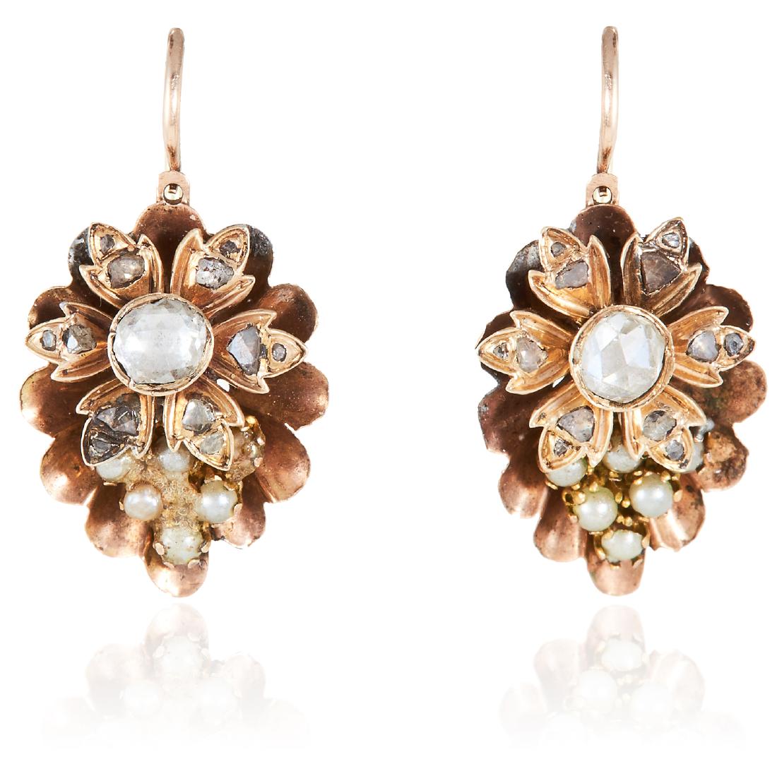 A PAIR OF ANTIQUE DIAMOND AND PEARL EARRINGS, 19TH (1 of 1)