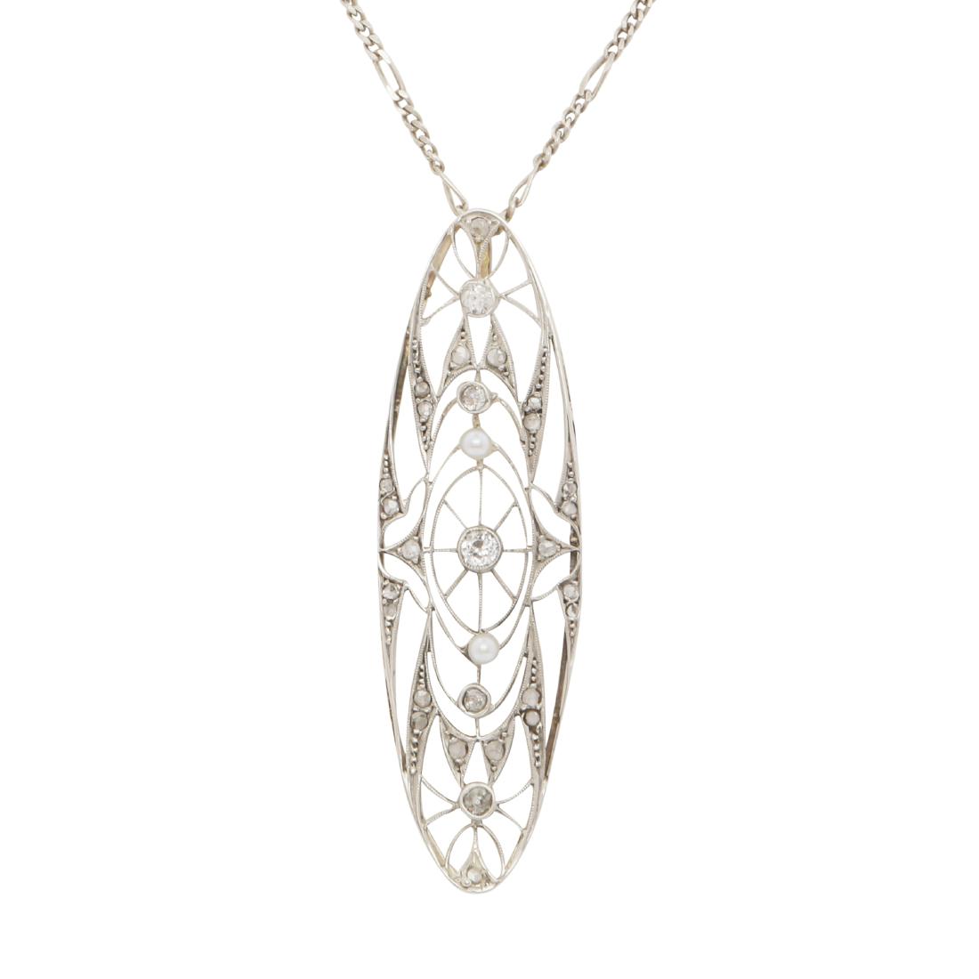 AN ART DECO DIAMOND AND PEARL PENDANT in platinum, the (1 of 1)