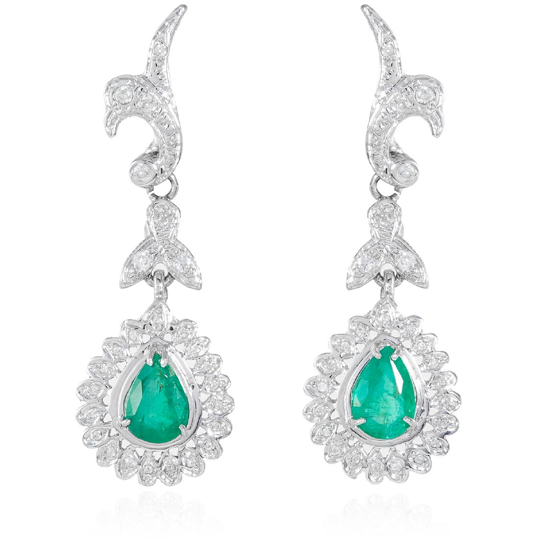 A PAIR OF EMERALD AND DIAMOND DROP EARRINGS, in 18ct (1 of 1)