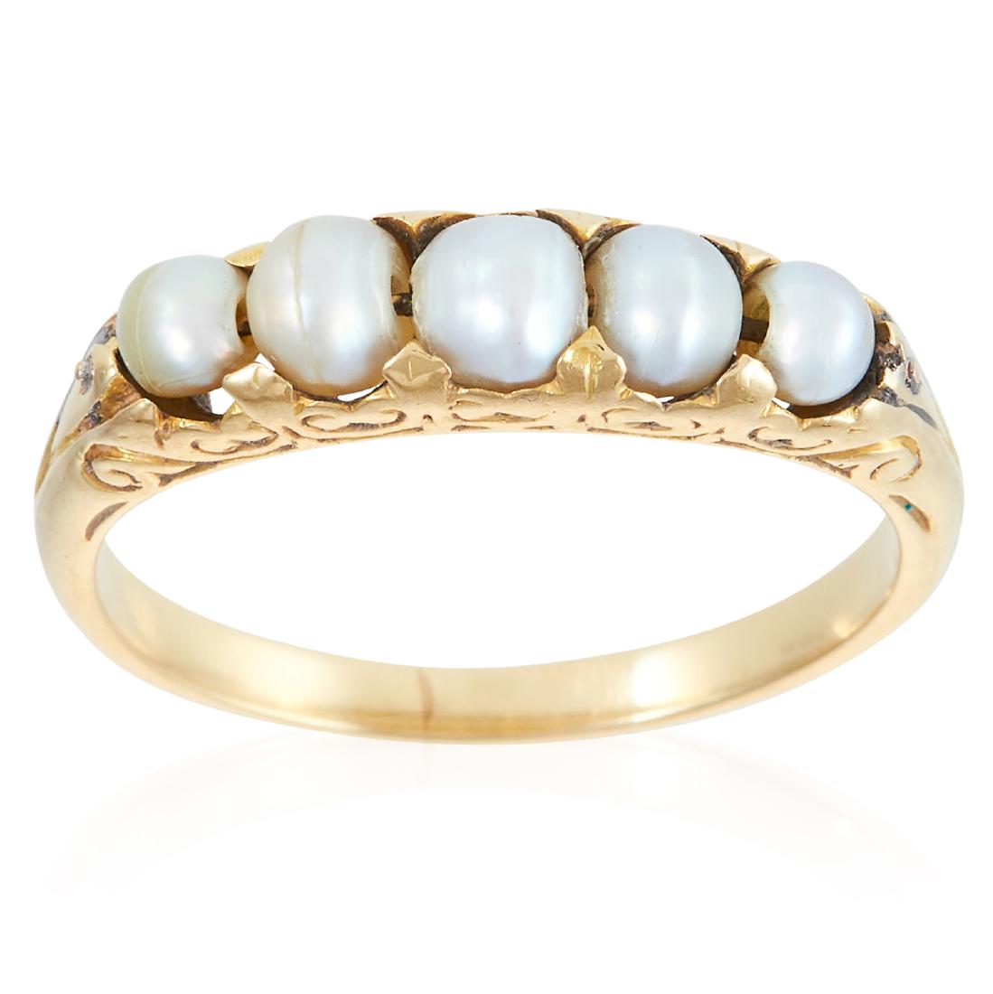 AN ANTIQUE FIVE STONE PEARL RING in high carat yellow (1 of 1)