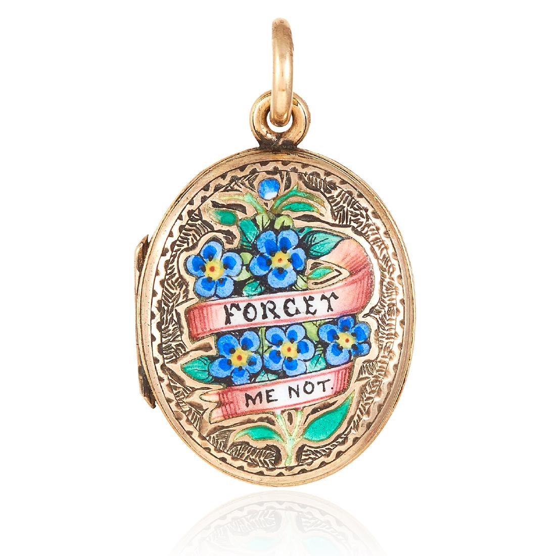 AN ANTIQUE ENAMEL PENDANT in gold or silver, set with: AN ANTIQUE ENAMEL PENDANT in gold or silver, set with enamel and the phrase 'forget me not', unmarked, 3.4cm, 3.99g.
