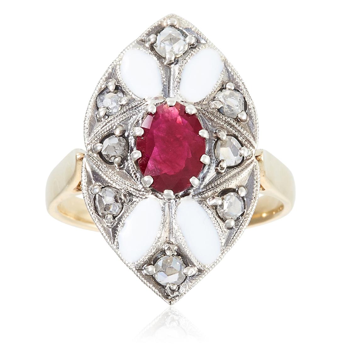RUBY, DIAMOND AND ENAMEL RING in high carat yellow gold (1 of 1)