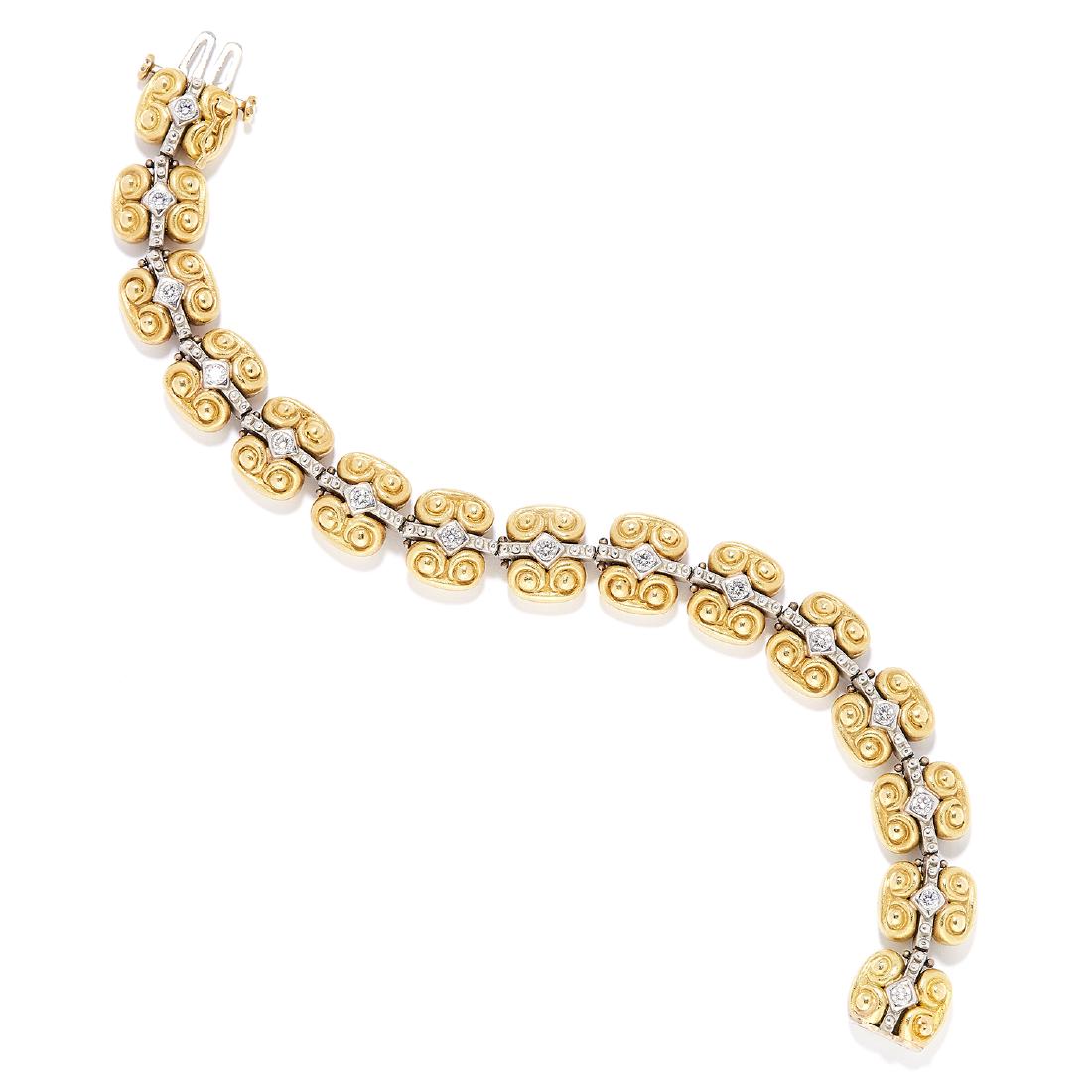 DIAMOND BRACELET, VAHE NALTCHAYAN, 1996 in 18ct yellow: DIAMOND BRACELET, VAHE NALTCHAYAN, 1996 in 18ct yellow gold, set with round cut diamonds on decorated gold links, signed Vahe Naltchayan, stamped 18K, 17cm, 52.7g.