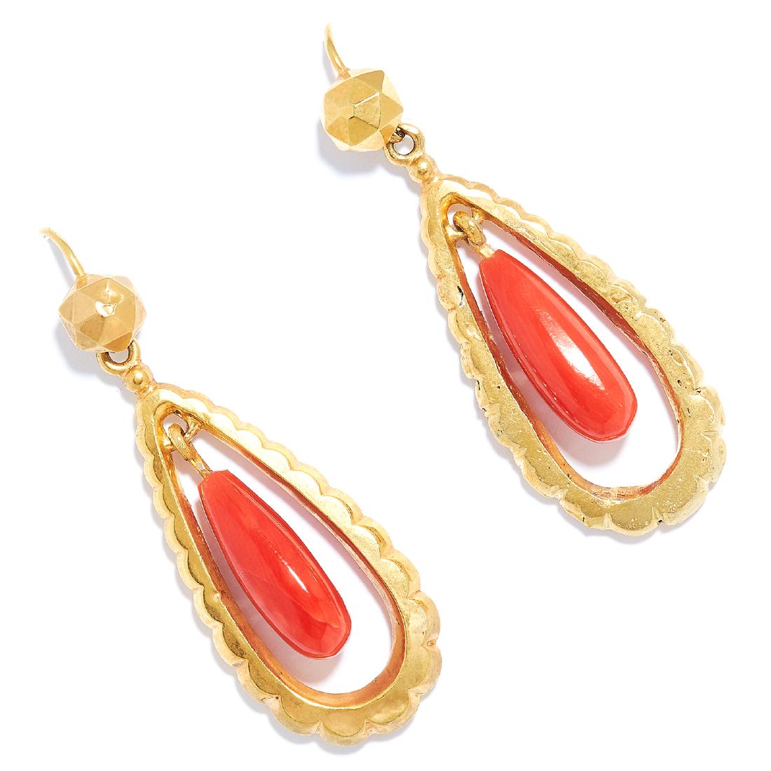CORAL DROP EARRINGS in high carat yellow gold, each (1 of 1)