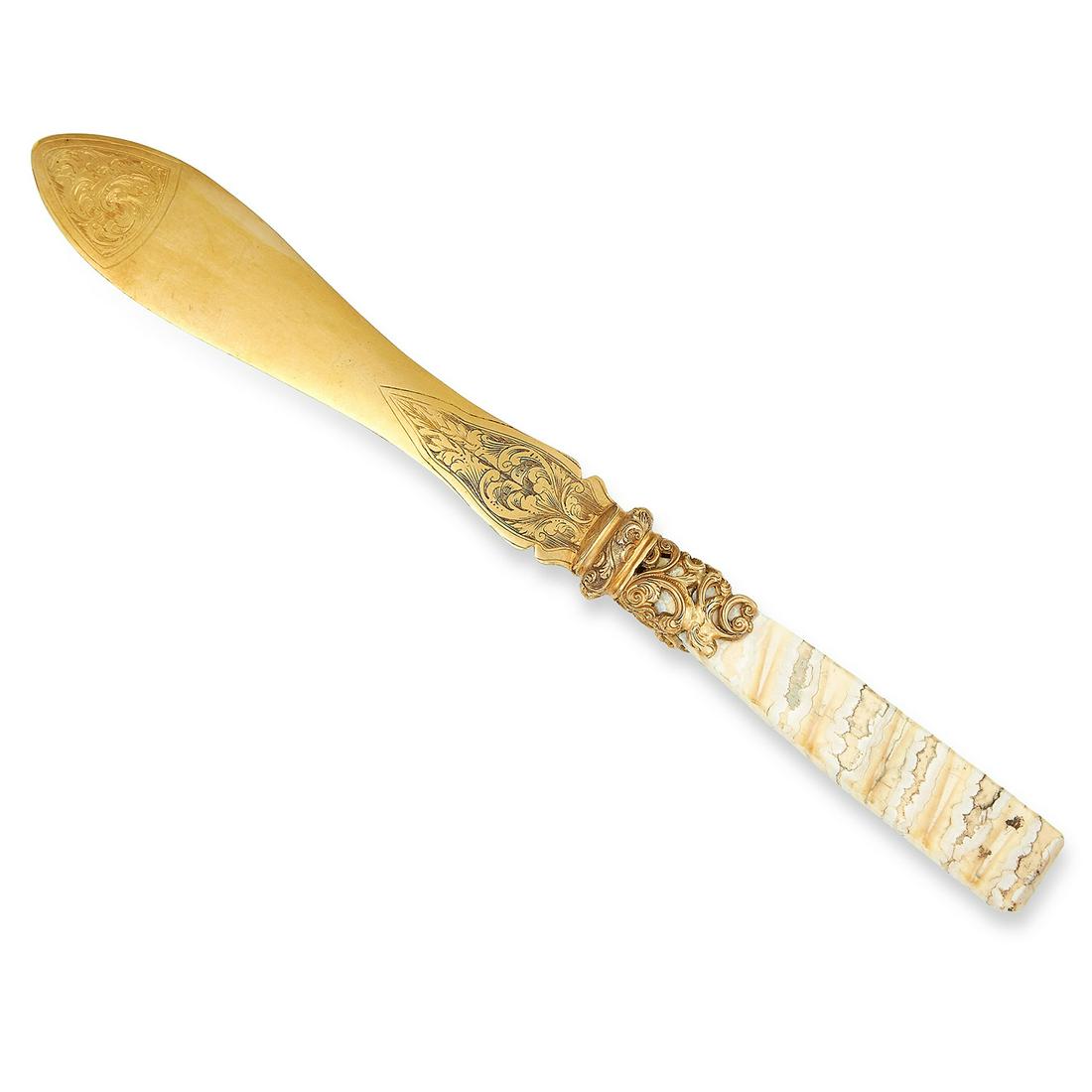 SILVER GILT AND HARDSTONE LETTER OPENER / PAPER KNIFE: SILVER GILT AND HARDSTONE LETTER OPENER / PAPER KNIFE with engraved foliate motif, 23cm, 68.49g.