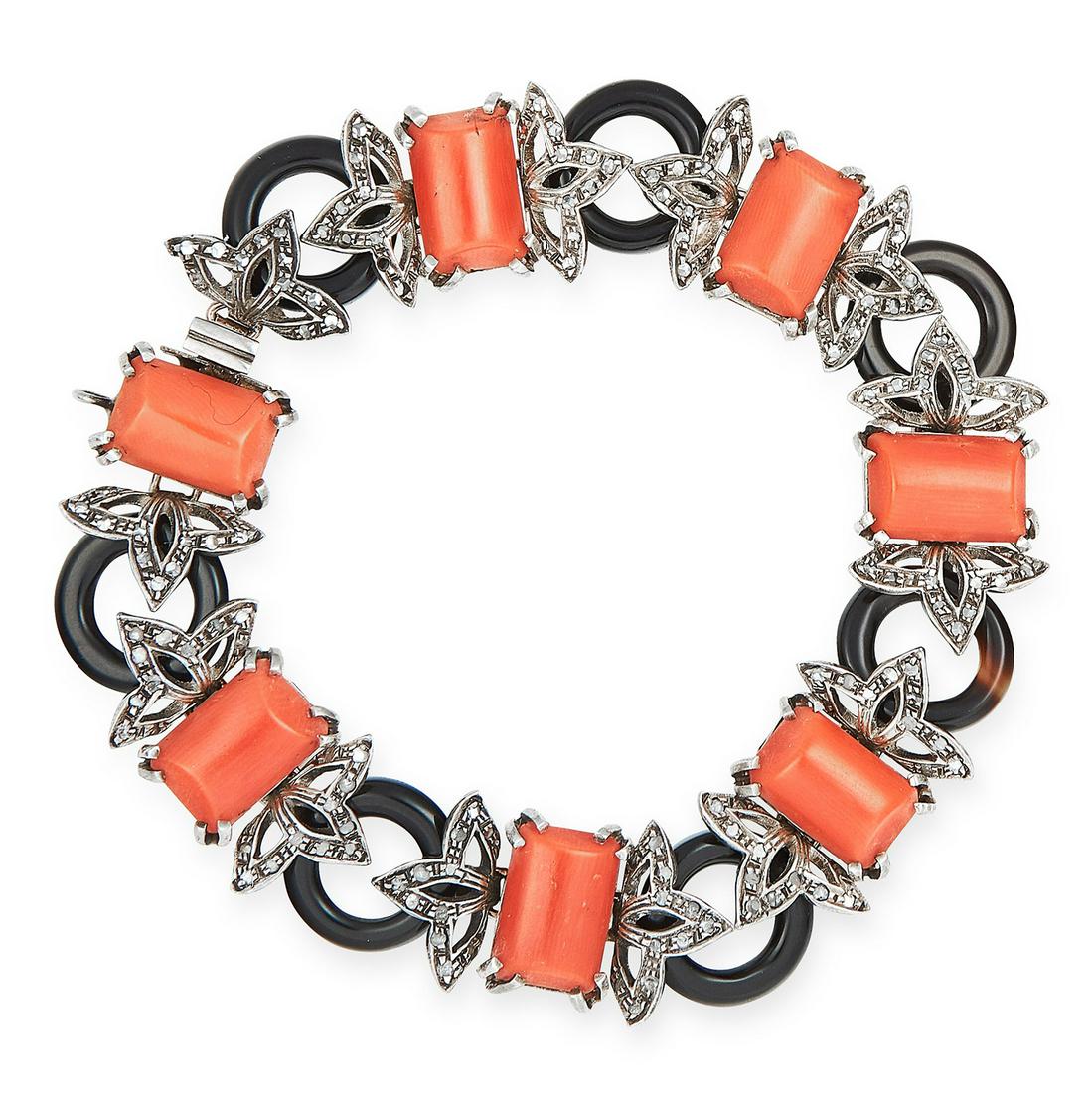 ANTIQUE ART DECO CORAL, ONYX AND DIAMOND BRACELET in: ANTIQUE ART DECO CORAL, ONYX AND DIAMOND BRACELET in white gold, in Art Deco design set with polished coral, onyx and rose cut diamonds, stamped 375, 18cm.