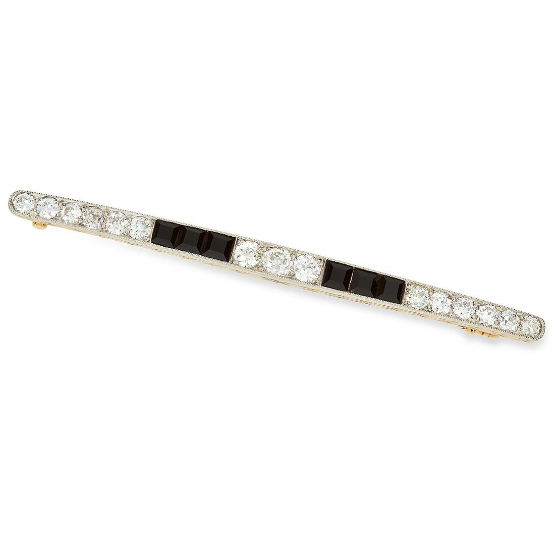 1.68 CARAT DIAMOND AND ONYX BAR BROOCH in high carat: 1.68 CARAT DIAMOND AND ONYX BAR BROOCH in high carat yellow gold, in Art Deco design set with round cut diamonds totalling approximately 1.68 carats and faceted onyx, unmarked, 6.6cm, 5.3g.
