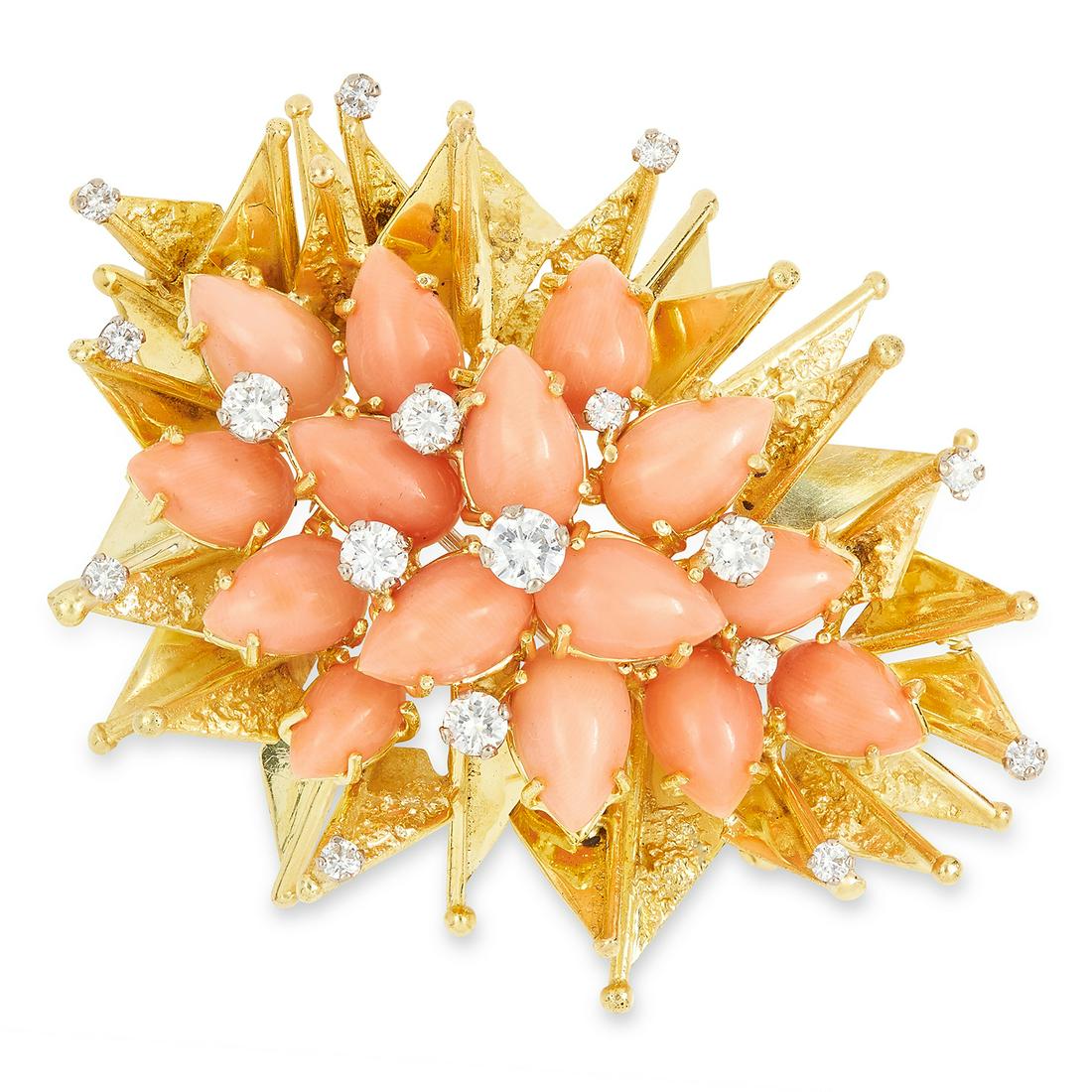 VINTAGE CORAL AND DIAMOND BROOCH, ANDREW GRIMA 1973 set: VINTAGE CORAL AND DIAMOND BROOCH, ANDREW GRIMA 1973 set with coral cabochons and round cut diamonds, signed Grima, 6.0cm, 36.2g.