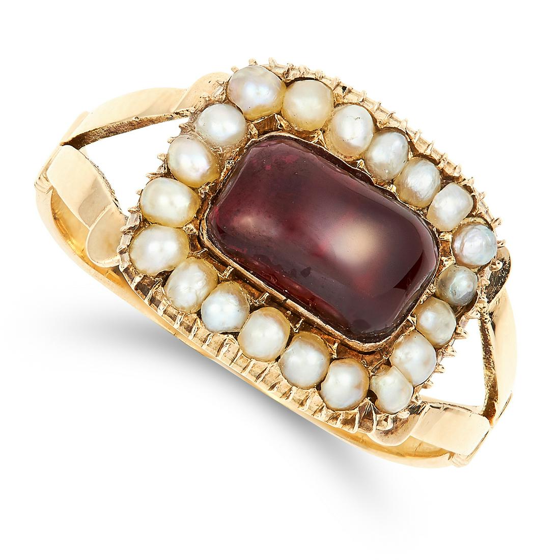 ANTIQUE GARNET AND PEARL MOURNING RING, CIRCA 1825 set: ANTIQUE GARNET AND PEARL MOURNING RING, CIRCA 1825 set with a rectangular cabochon garnet and seed pearls, size M / 6, 2.4g.