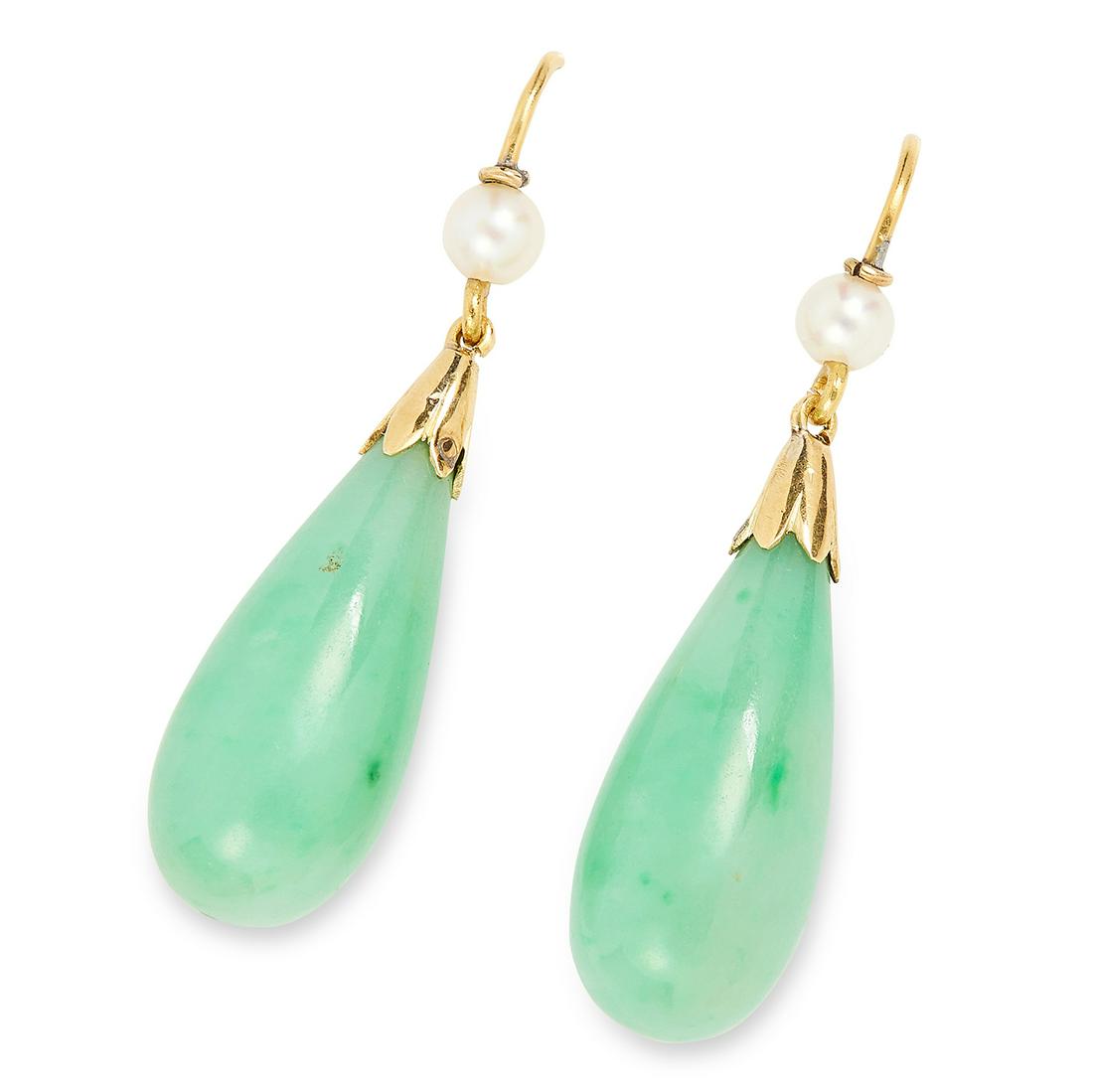 ANTIQUE JADE AND PEARL EARRINGS set with polished jade: ANTIQUE JADE AND PEARL EARRINGS set with polished jade drops accented by pearls, 3.8cm, 7.1g.