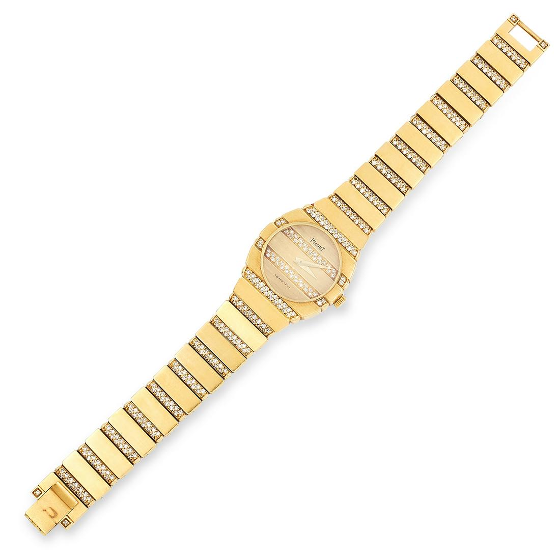 DIAMOND LADIES WRISTWATCH, PIAGET set with round cut: DIAMOND LADIES WRISTWATCH, PIAGET set with round cut diamonds to bezel and strap, 16cm, 78.6g.