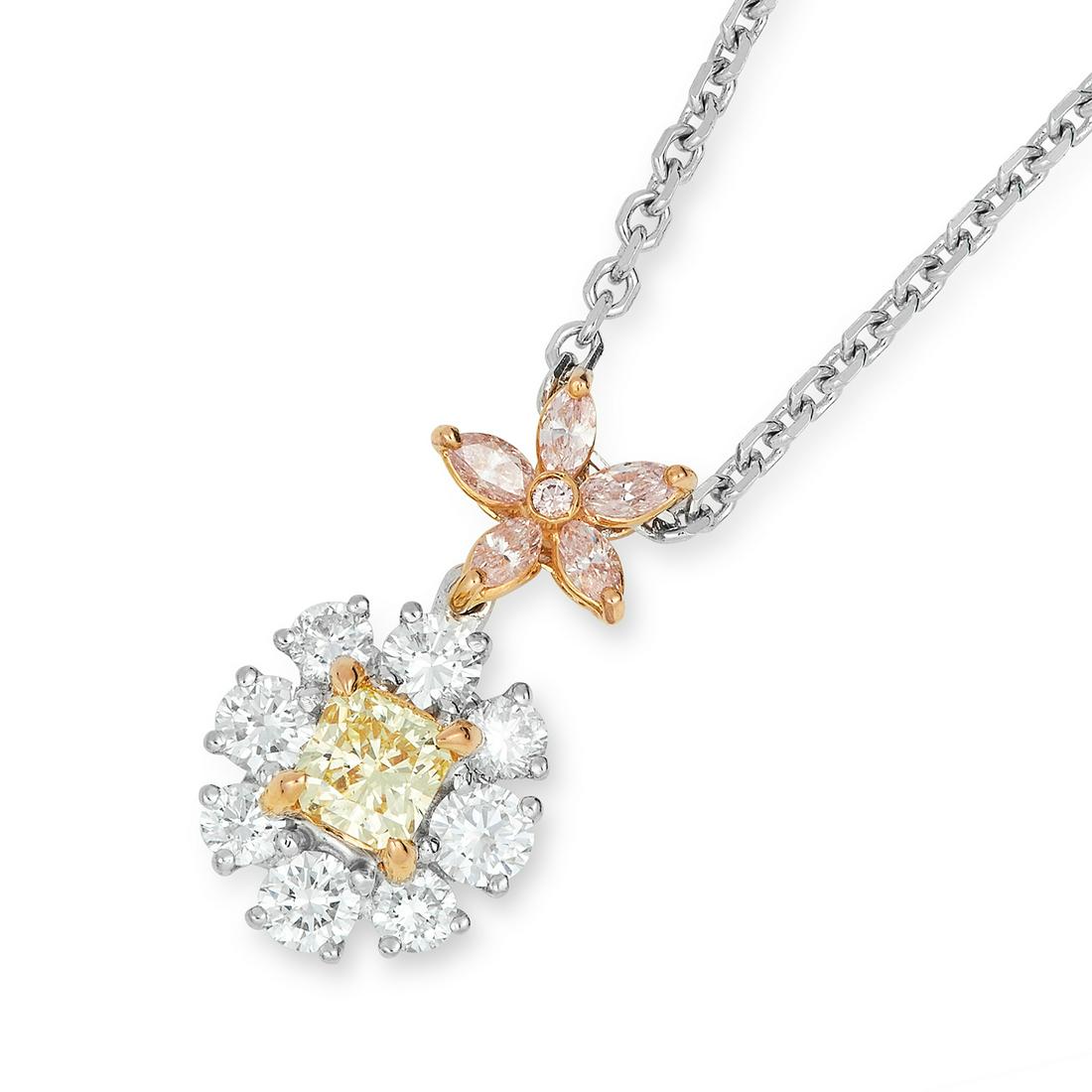 FANCY PINK, YELLOW AND WHITE DIAMOND PENDANT set with a: FANCY PINK, YELLOW AND WHITE DIAMOND PENDANT set with a cushion cut yellow diamond in a border of round cut diamonds and below marquise cut pink diamonds, 5.8g.