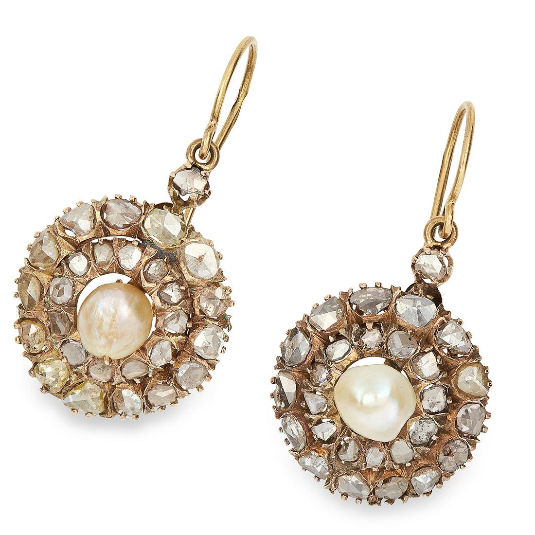 ANTIQUE DIAMOND AND PEARL EARRINGS each set with a: ANTIQUE DIAMOND AND PEARL EARRINGS each set with a pearl in a cluster of rose cut diamonds, 4cm, 10.0g.