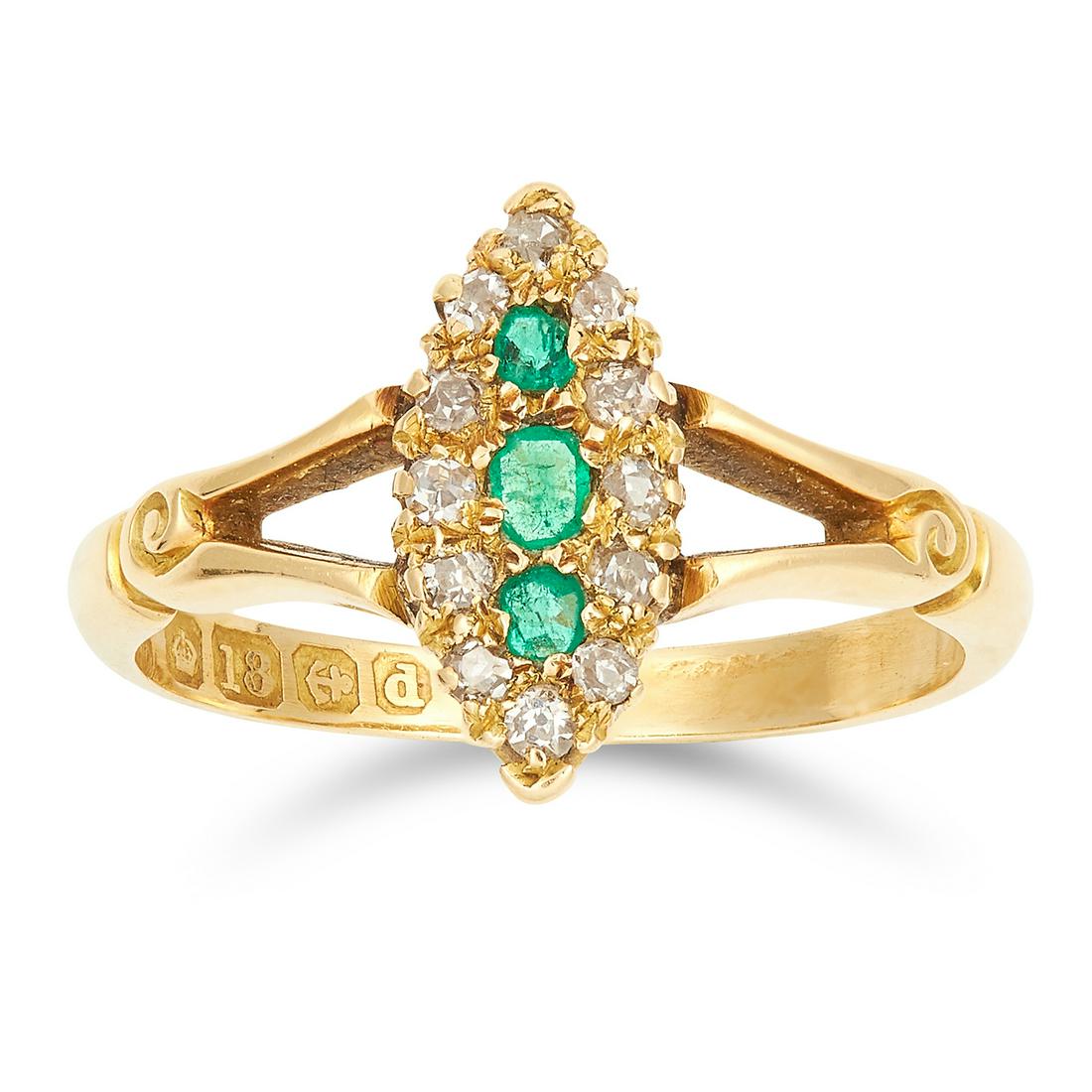 ANTIQUE EMERALD AND DIAMOND MARQUISE RING, set with: ANTIQUE EMERALD AND DIAMOND MARQUISE RING, set with cushion cut emeralds and old cut diamonds, size N / 6.5, 3g.