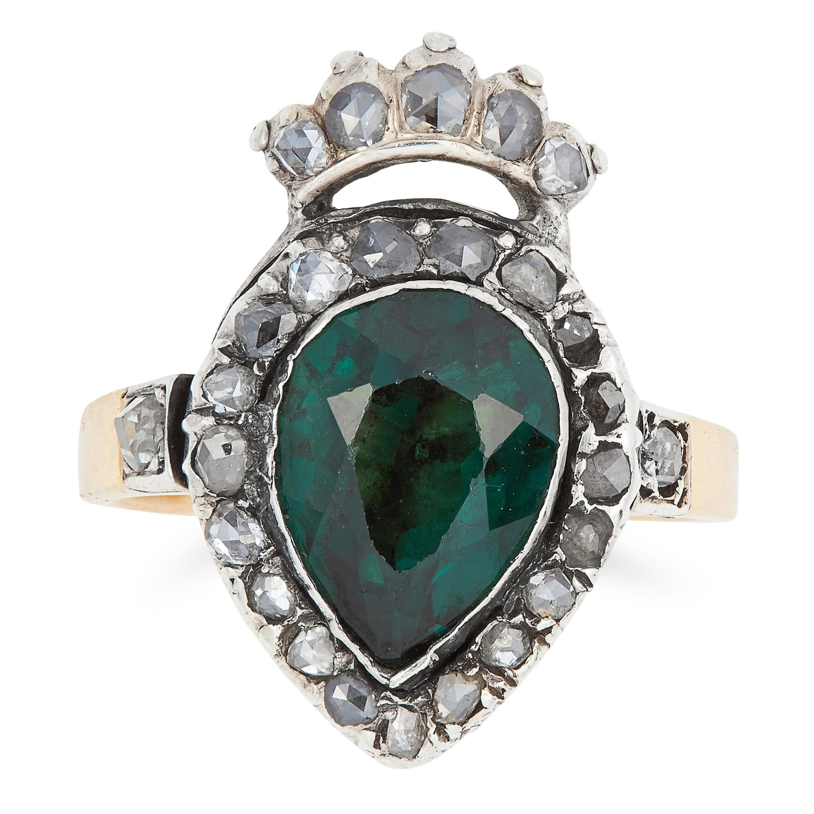 ANTIQUE GEORGIAN GREEN GEMSTONE AND DIAMOND RING set: ANTIQUE GEORGIAN GREEN GEMSTONE AND DIAMOND RING set with a pear cut green gemstone, possibly tourmaline, in a border of rose cut diamonds, size K / 5, 5.2g.