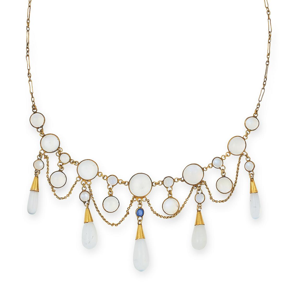 ANTIQUE MOONSTONE AND SAPPHIRE NECKLACE set with a: ANTIQUE MOONSTONE AND SAPPHIRE NECKLACE set with a round cut sapphire, cabochon moonstone and suspending a moonstone drop, 9.8g.
