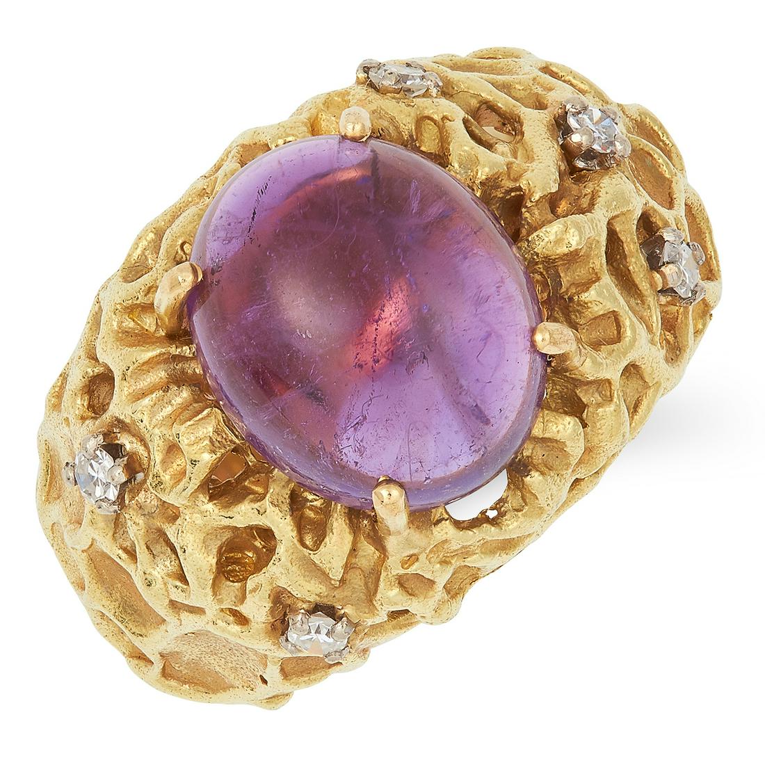 AMETHYST AND DIAMOND RING, ANDREW GRIMA 1969, set with: AMETHYST AND DIAMOND RING, ANDREW GRIMA 1969, set with a cabochon amethyst and round cut diamonds, signed GRIMA, size O / 7, 19.5g.
