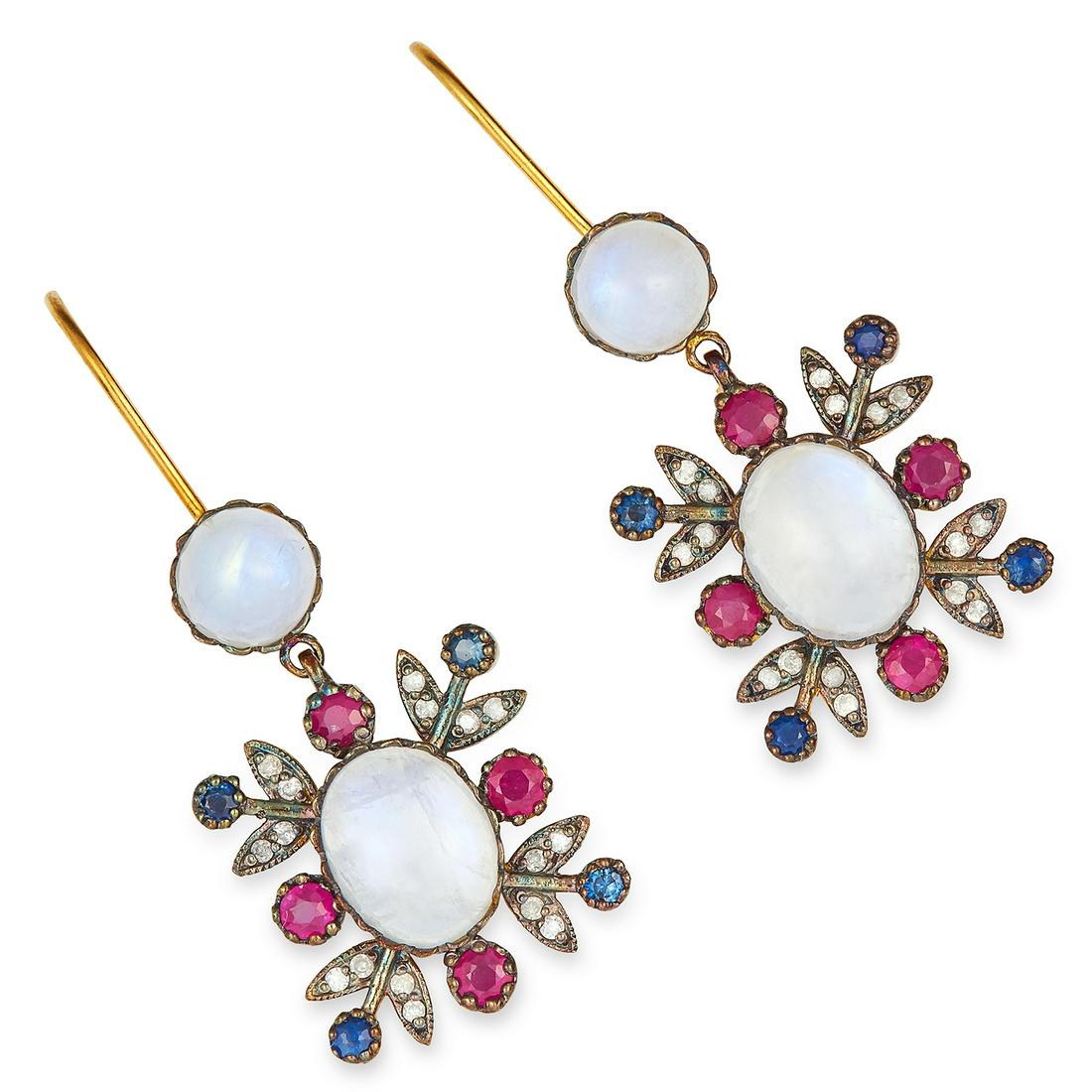 SAPPHIRE, RUBY, DIAMOND AND MOONSTONE EARRINGS set with (1 of 1)