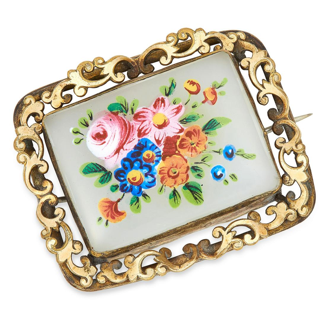 PAINTED MINIATURE HARDSTONE BROOCH depicting a floral (1 of 1)