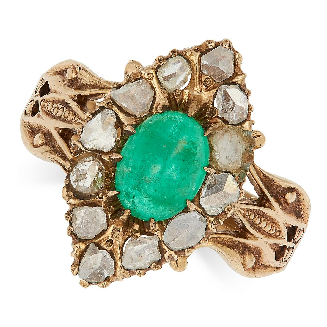 ANTIQUE EMERALD AND DIAMOND CLUSTER RING set with a (1 of 1)