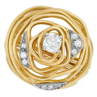 A DIAMOND RING, ANDREW GRIMA, CIRCA 1970 open wirework: A DIAMOND RING, ANDREW GRIMA, CIRCA 1970 open wirework design set with a principal old cut diamond of 0.92 carats with further round cut diamonds, signed Grima, stamped 750, size S / 9, 18.8g.