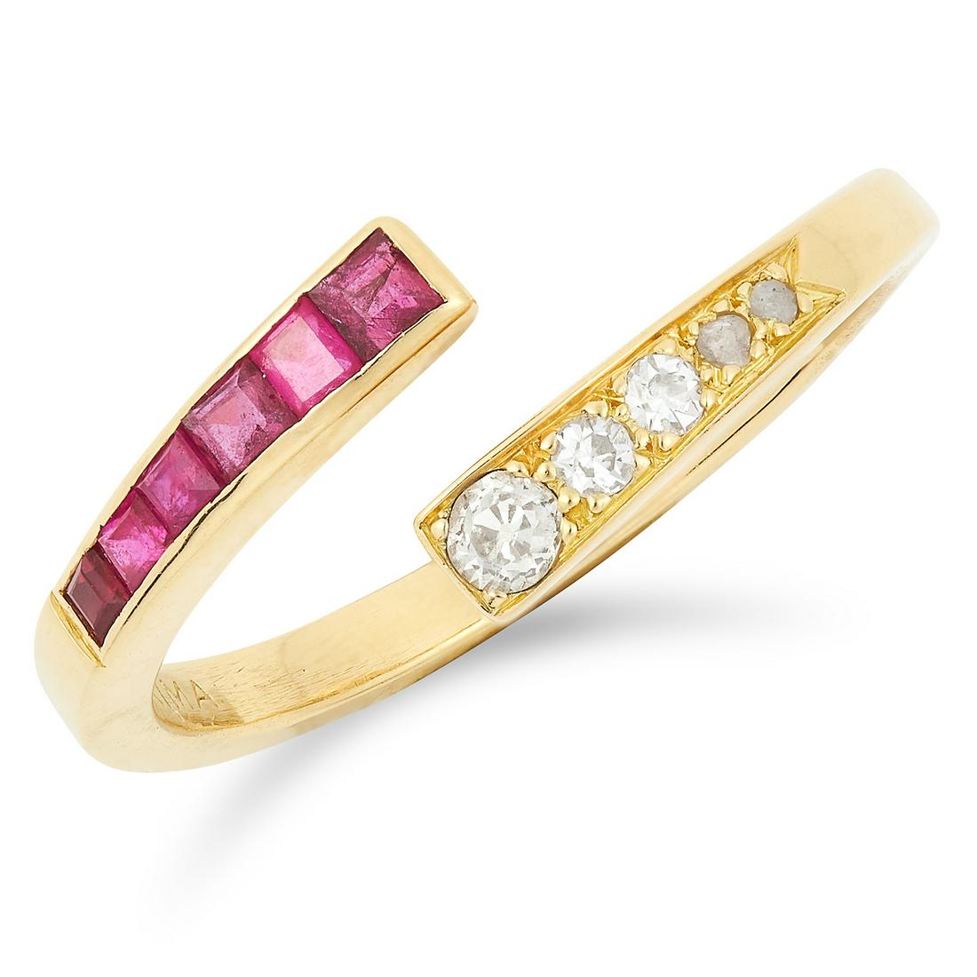 A RUBY AND DIAMOND OPEN BAND RING, ANDREW GRIMA, CIRCA: A RUBY AND DIAMOND OPEN BAND RING, ANDREW GRIMA, CIRCA 1960 set with round and rose cut diamonds and calibre cut rubies, signed Grima, size R / 8.5, 4.3g.