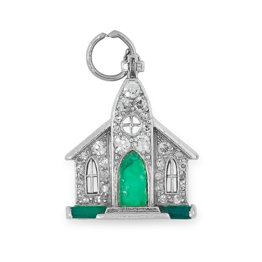 A DIAMOND AND ENAMEL CHURCH CHARM set with green enamel (1 of 1)