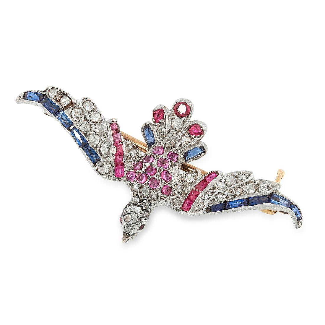 AN ANTIQUE AMERICAN RUBY, SAPPHIRE AND DIAMOND BIRD (1 of 1)