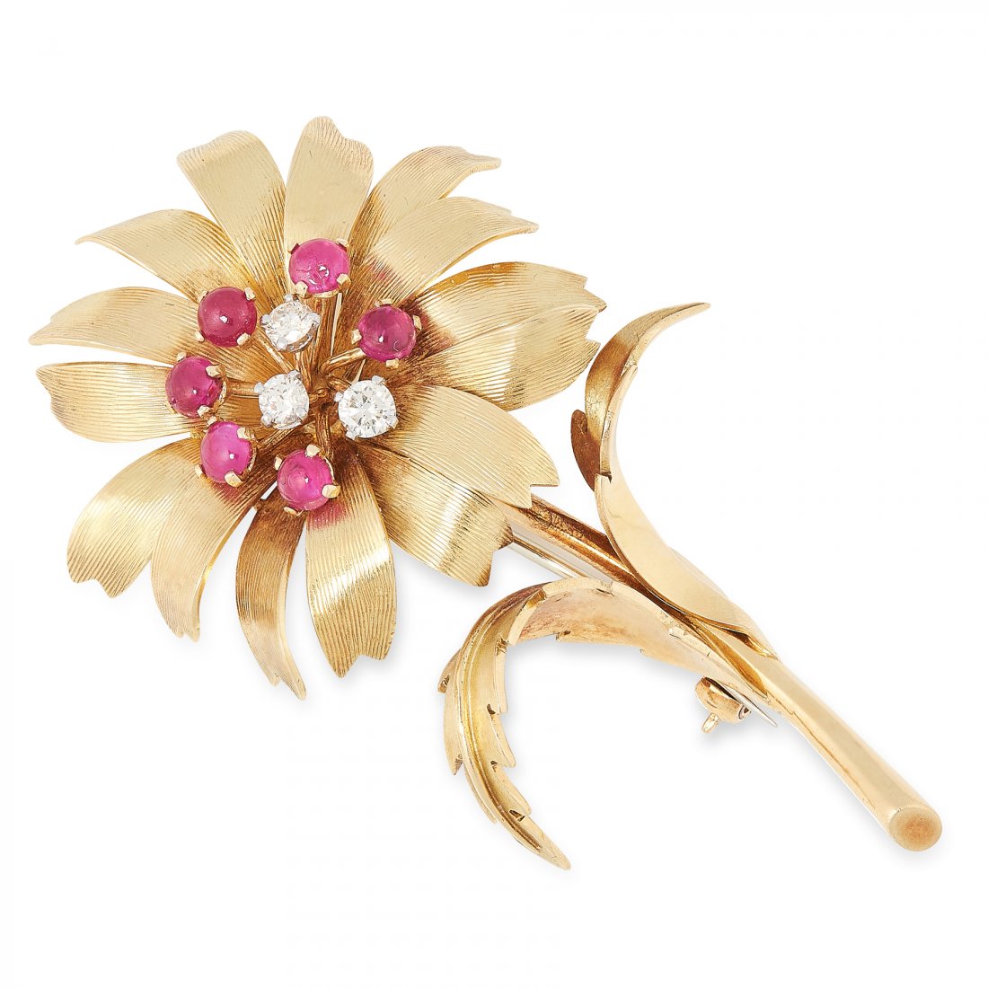 A VINTAGE RUBY AND DIAMOND FLOWER BROOCH, ANDREW GRIMA: A VINTAGE RUBY AND DIAMOND FLOWER BROOCH, ANDREW GRIMA 1962 in 18ct yellow gold, designed as a flower, the round cut ruby and diamond centre surrounded by textured petals, signed HJCo, full British ha