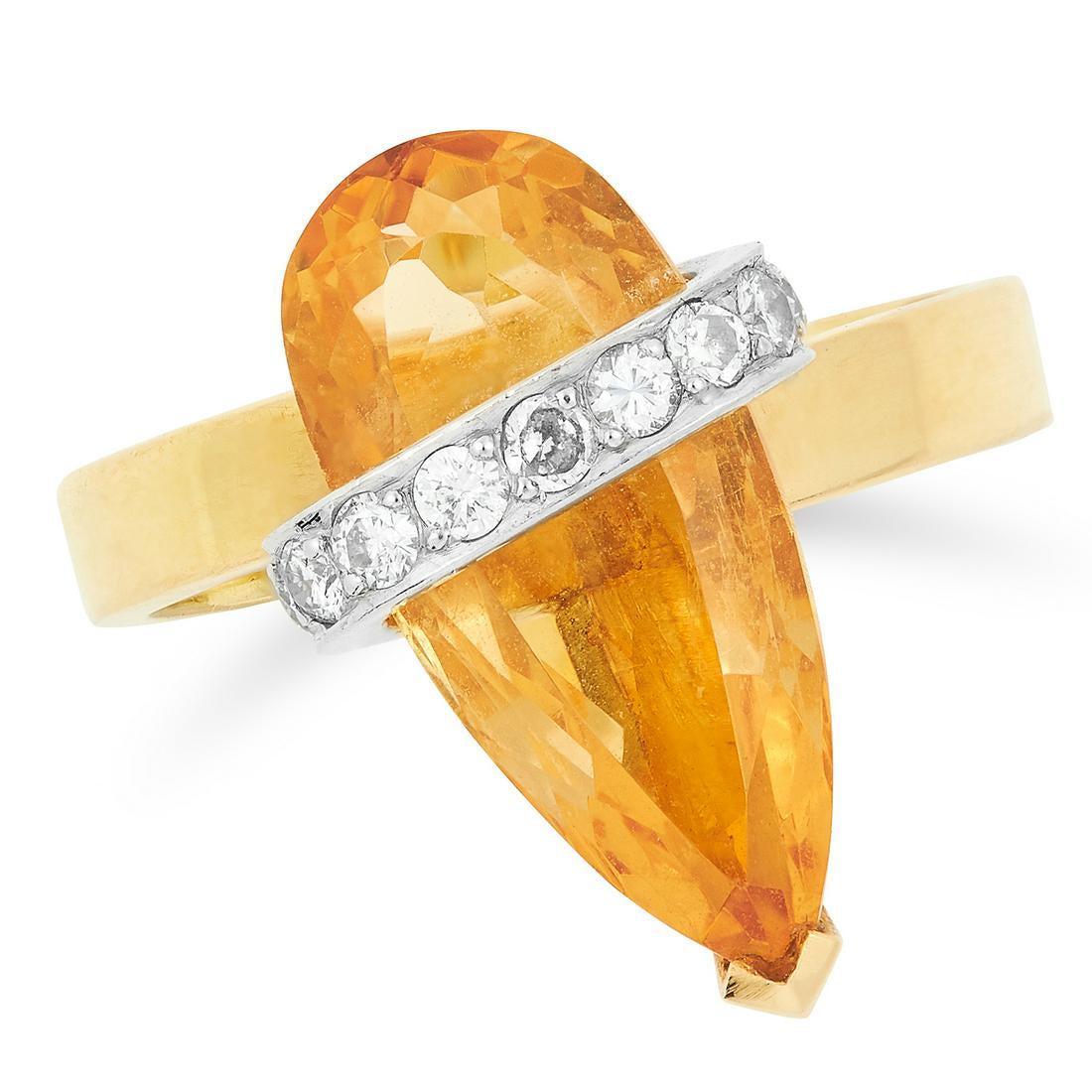 A TOPAZ AND DIAMOND RING, ANDREW GRIMA, CIRCA 1975 set: A TOPAZ AND DIAMOND RING, ANDREW GRIMA, CIRCA 1975 set with a pear cut imperial topaz and round cut diamonds, signed Grima, stamped 750, size J / 4.5, 6.8g.