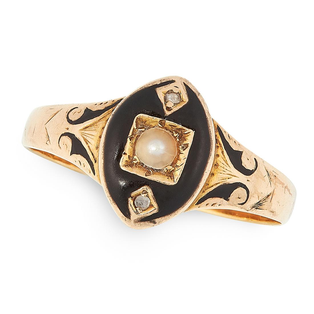 AN ANTIQUE VICTORIAN PEARL AND ENAMEL MOURNING RING in (1 of 1)