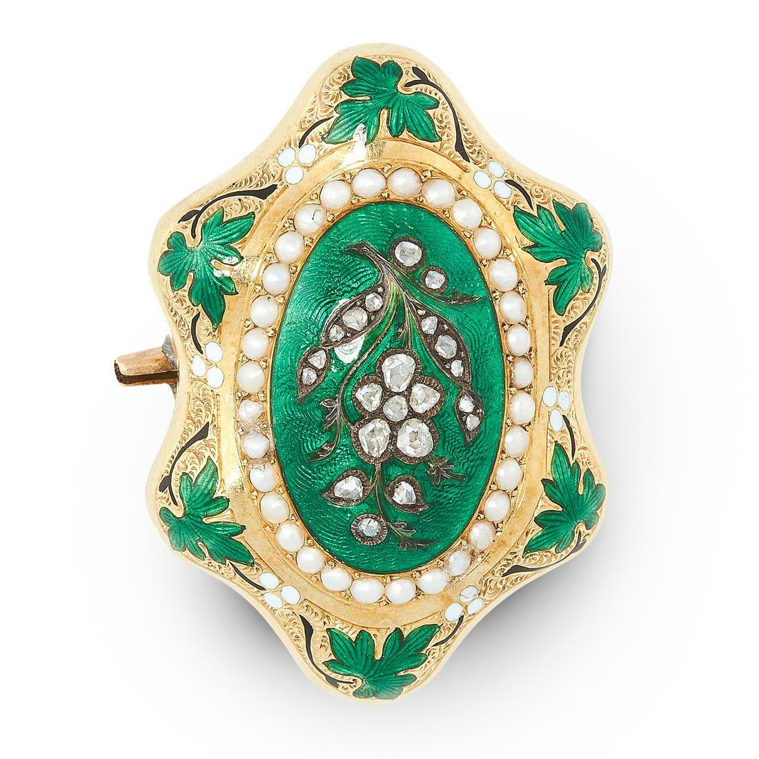 AN ANTIQUE PEARL, DIAMOND AND ENAMEL FORGET ME NOT: AN ANTIQUE PEARL, DIAMOND AND ENAMEL FORGET ME NOT BROOCH, 19TH CENTURY in high carat yellow gold, the stylised body depicting a flower set with rose cut diamonds, within a green, black and white enam